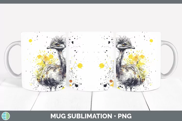 Watercolor Splash Farm Emu Mug Wrap Sublimation Coffee Cup D