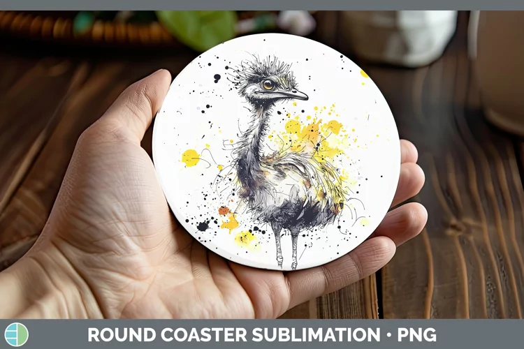 Watercolor Splash Farm Emu Round Coaster Sublimation Coaster
