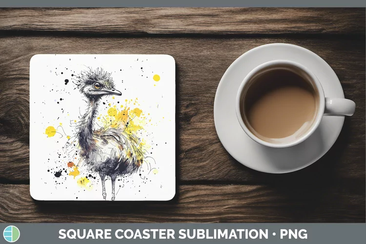 Watercolor Splash Farm Emu Square Coaster Sublimation Coaste