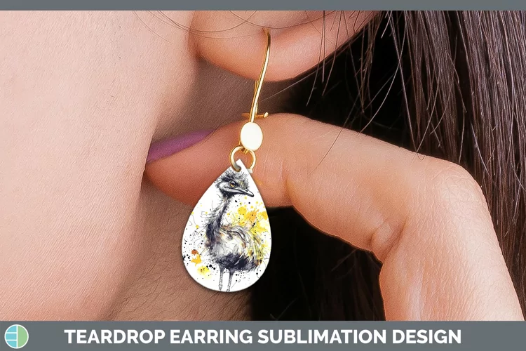 Watercolor Splash Farm Emu Teardrop Earrings Sublimation Ear