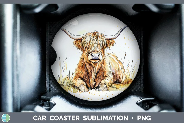 Watercolor Splash Farm Highland Cow Car Coaster Sublimation