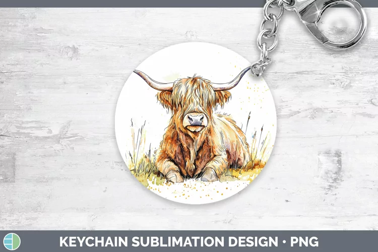 Watercolor Splash Farm Highland Cow Keychain Sublimation Key