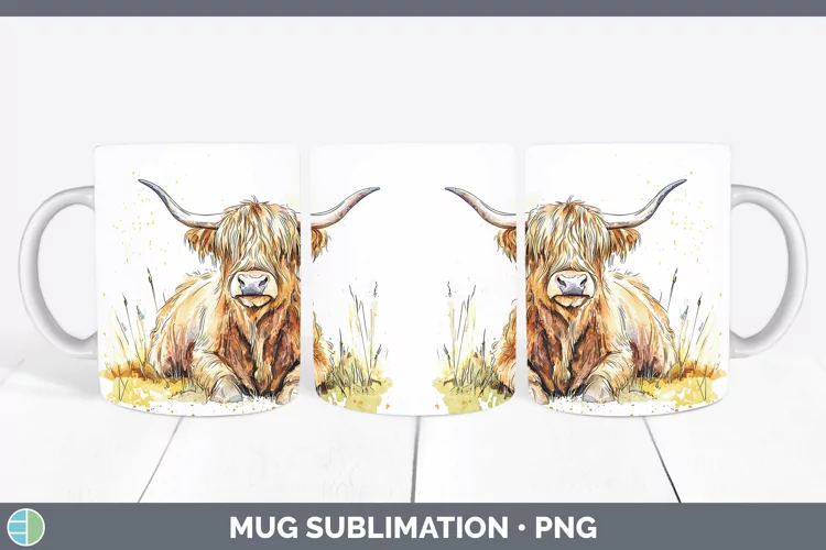 Watercolor Splash Farm Highland Cow Mug Wrap Sublimation Cof