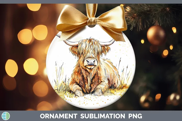 Watercolor Splash Farm Highland Cow Ornament Sublimation Bau