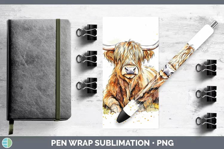 Watercolor Splash Farm Highland Cow Pen Wrap Sublimation Pen