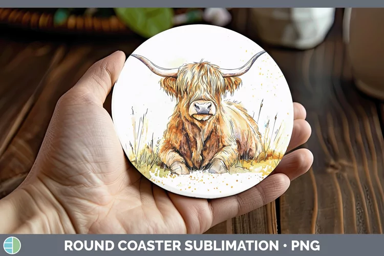 Watercolor Splash Farm Highland Cow Round Coaster Sublimatio
