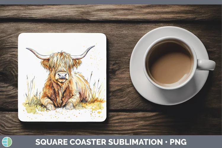 Watercolor Splash Farm Highland Cow Square Coaster Sublimati