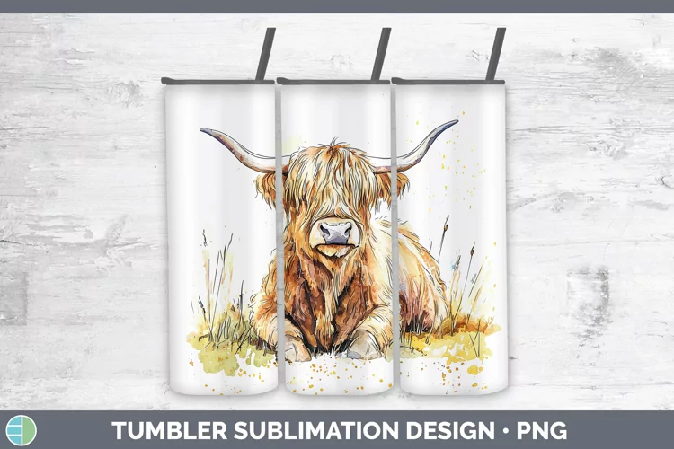 Watercolor Splash Farm Highland Cow Tumbler Sublimation 20 o