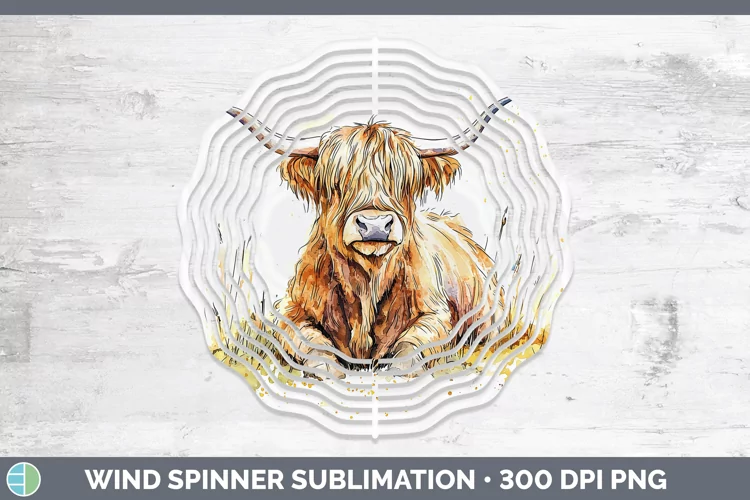 Watercolor Splash Farm Highland Cow Wind Spinner Sublimation