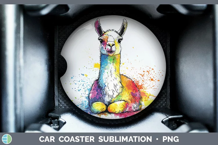 Watercolor Splash Farm LLama Car Coaster Sublimation Design