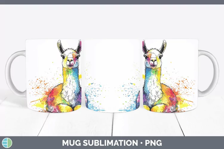 Watercolor Splash Farm LLama Mug Wrap Sublimation Coffee Cup