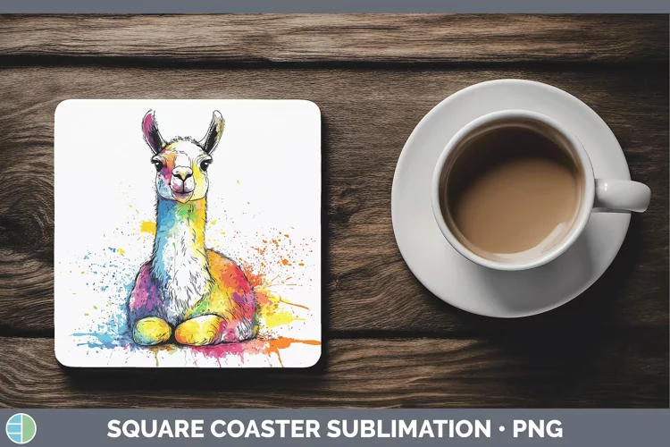 Watercolor Splash Farm LLama Square Coaster Sublimation Coas