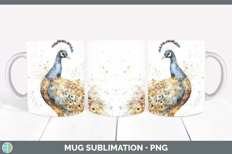Watercolor Splash Farm Peacock Mug Wrap Sublimation Coffee C