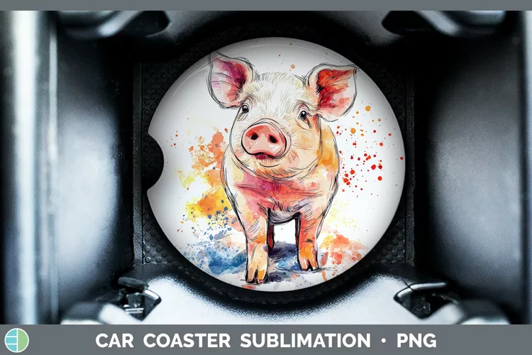 Watercolor Splash Farm Pig Car Coaster Sublimation Designs