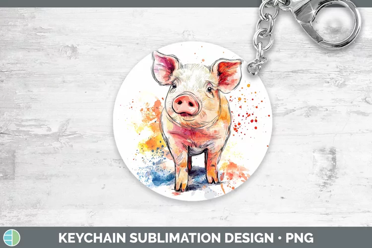 Watercolor Splash Farm Pig Keychain Sublimation Keyring Desi