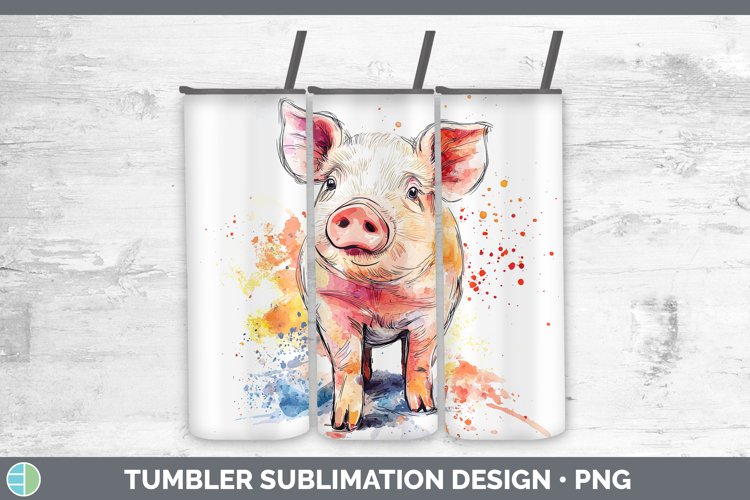 Watercolor Splash Farm Pig Tumbler Sublimation 20 oz Skinny