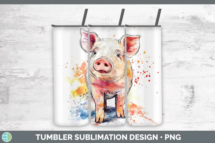 Watercolor Splash Farm Pig Tumbler Sublimation 20 oz Skinny