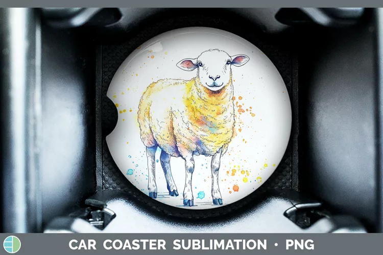 Watercolor Splash Farm Sheep Car Coaster Sublimation Design