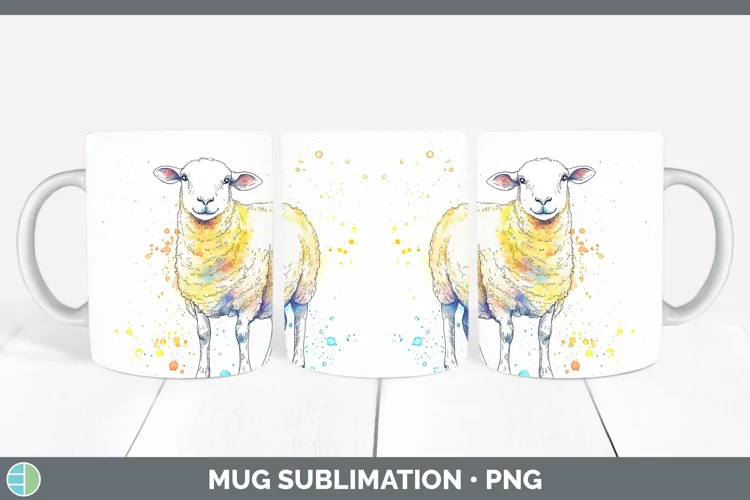 Watercolor Splash Farm Sheep Mug Wrap Sublimation Coffee Cup