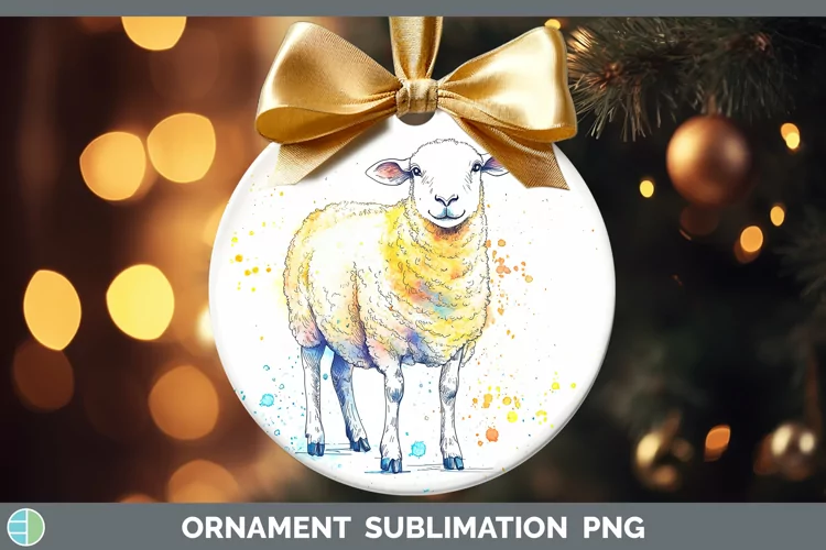 Watercolor Splash Farm Sheep Ornament Sublimation Bauble Des
