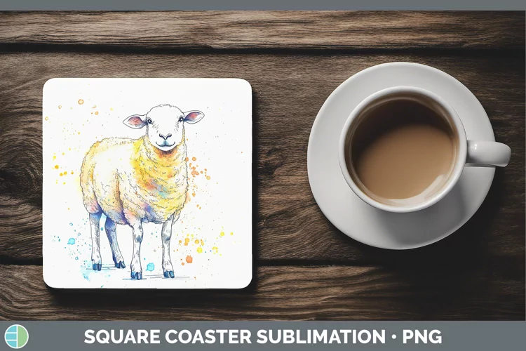 Watercolor Splash Farm Sheep Square Coaster Sublimation Coas