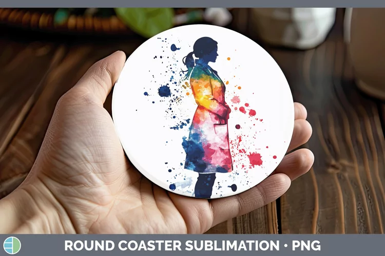 Watercolor Splash Female Doctor Round Coaster Sublimation Co