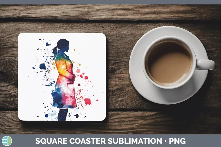 Watercolor Splash Female Doctor Square Coaster Sublimation C