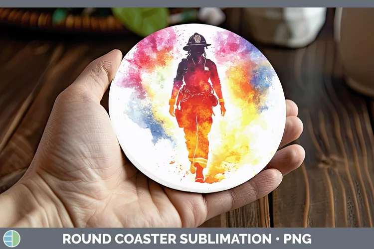 Watercolor Splash Female Firefighter Round Coaster Sublimati
