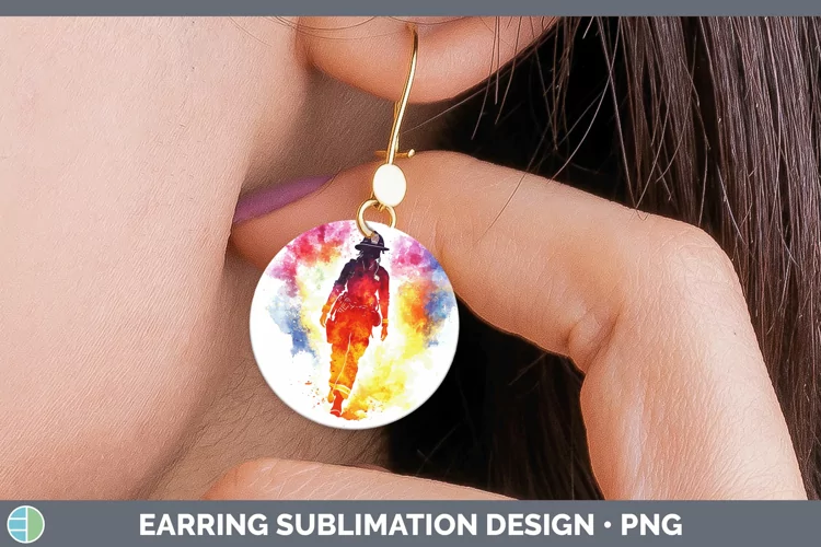 Watercolor Splash Female Firefighter Round Earrings Sublimat