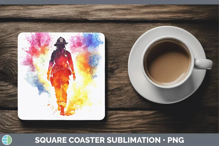 Watercolor Splash Female Firefighter Square Coaster Sublimat