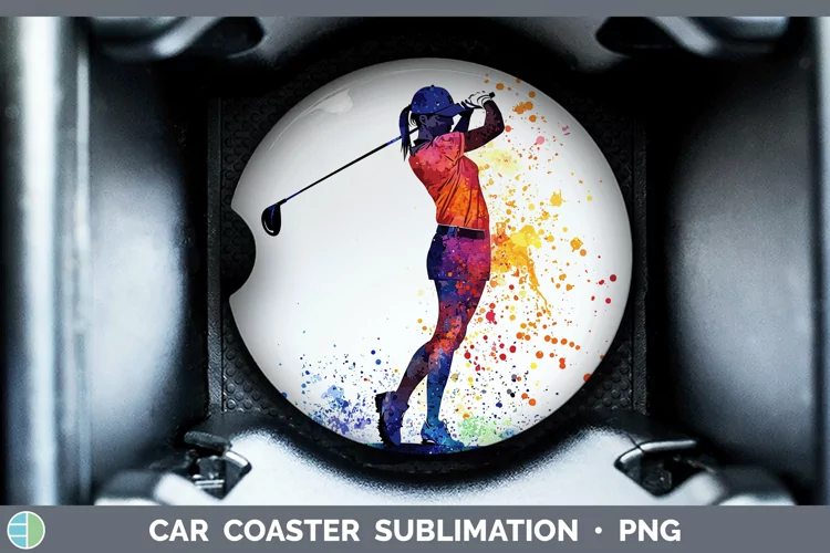 Watercolor Splash Female Golfer Car Coaster Sublimation Des