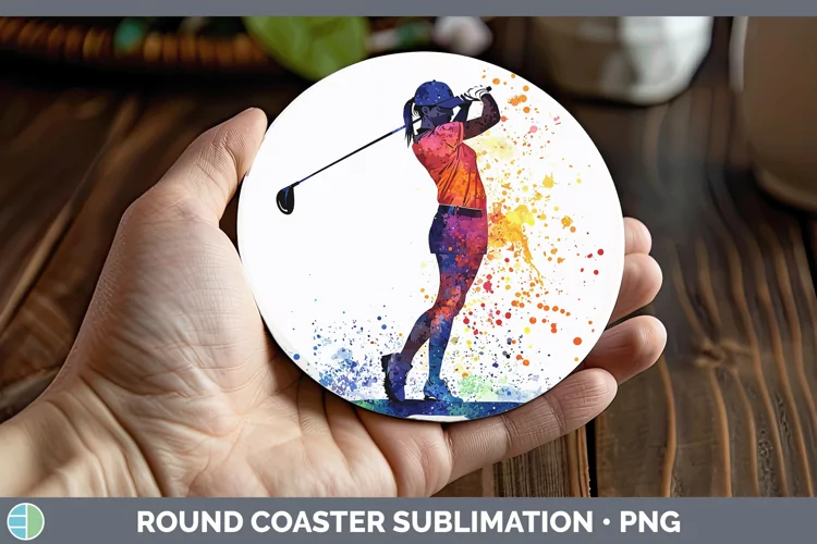 Watercolor Splash Female Golfer Round Coaster Sublimation Co