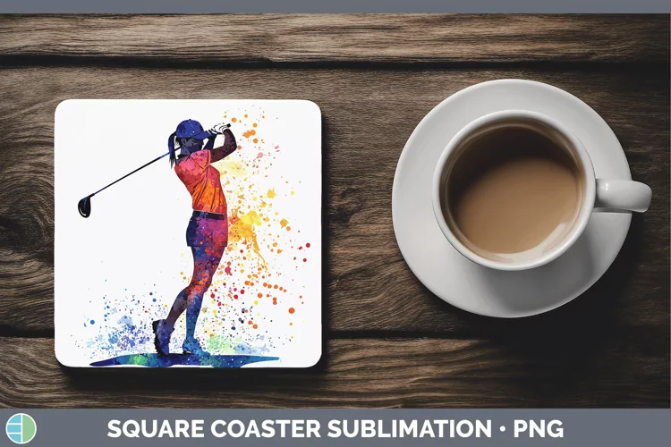 Watercolor Splash Female Golfer Square Coaster Sublimation C