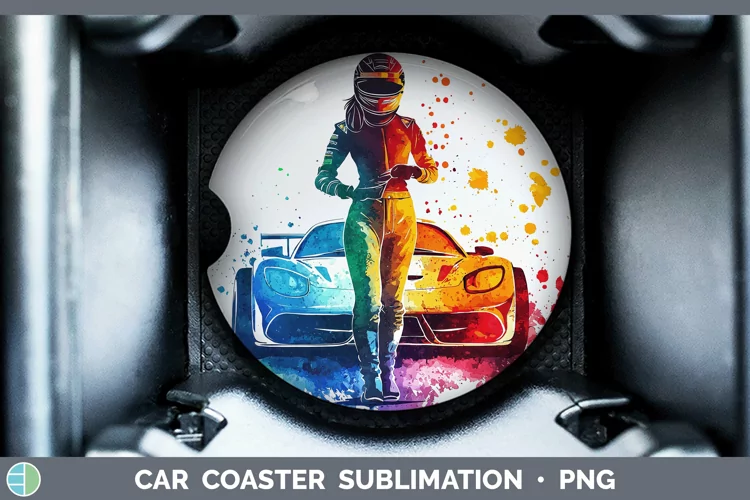 Watercolor Splash Female Race Car Driver Car Coaster Sublima