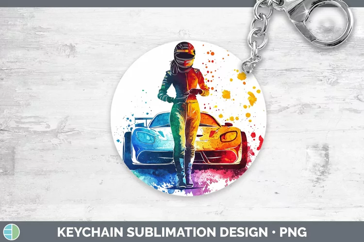 Watercolor Splash Female Race Car Driver Keychain Sublimatio