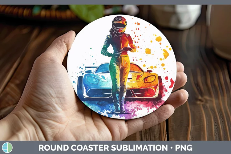Watercolor Splash Female Race Car Driver Round Coaster Subli