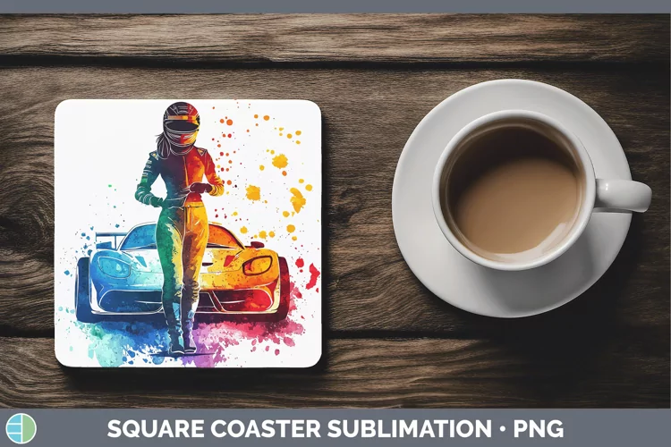 Watercolor Splash Female Race Car Driver Square Coaster Subl