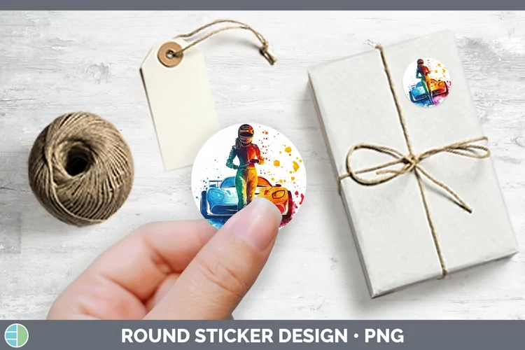 Watercolor Splash Female Race Car Driver Stickers | Round La