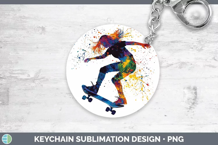 Watercolor Splash Female Skateboarder Keychain Sublimation K