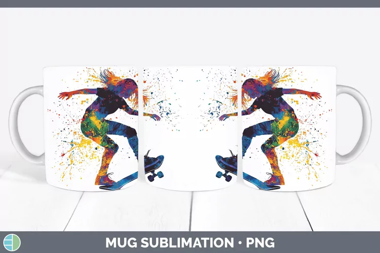 Watercolor Splash Female Skateboarder Mug Wrap Sublimation C