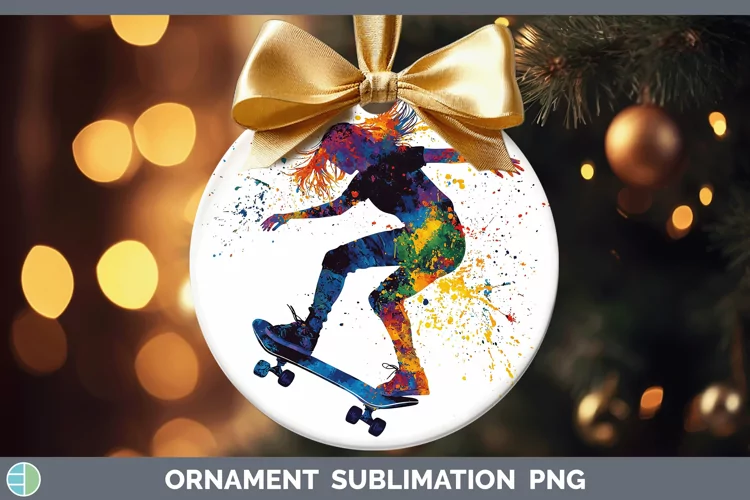 Watercolor Splash Female Skateboarder Ornament Sublimation B