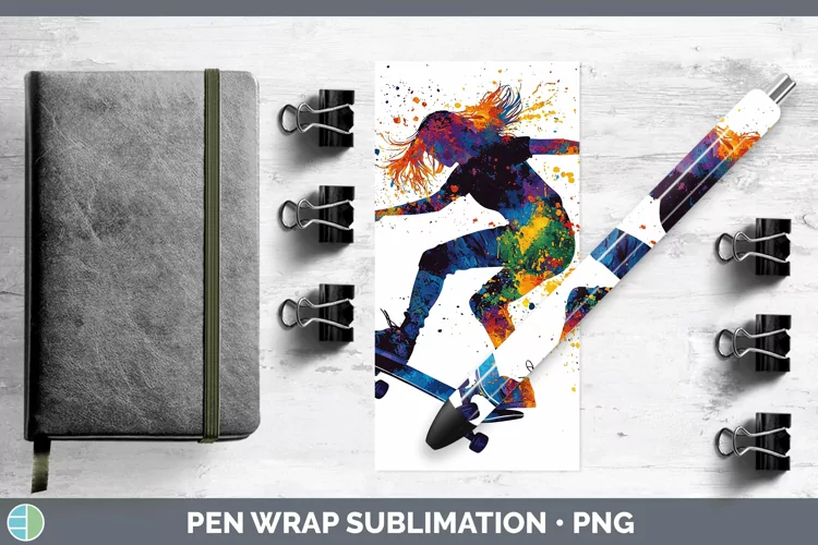 Watercolor Splash Female Skateboarder Pen Wrap Sublimation P