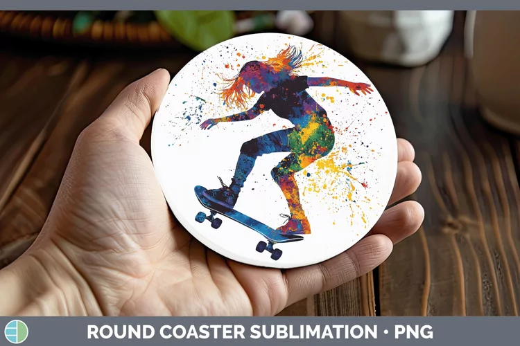Watercolor Splash Female Skateboarder Round Coaster Sublimat