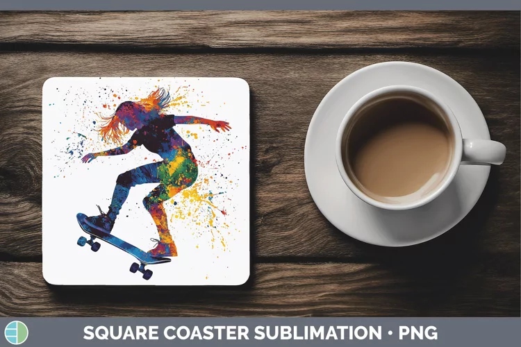 Watercolor Splash Female Skateboarder Square Coaster Sublima