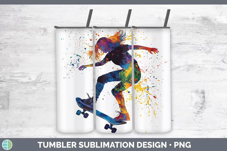 Watercolor Splash Female Skateboarder Tumbler Sublimation 20