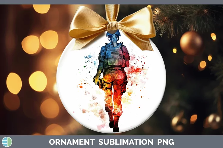 Watercolor Splash Female Soldier Ornament Sublimation Bauble