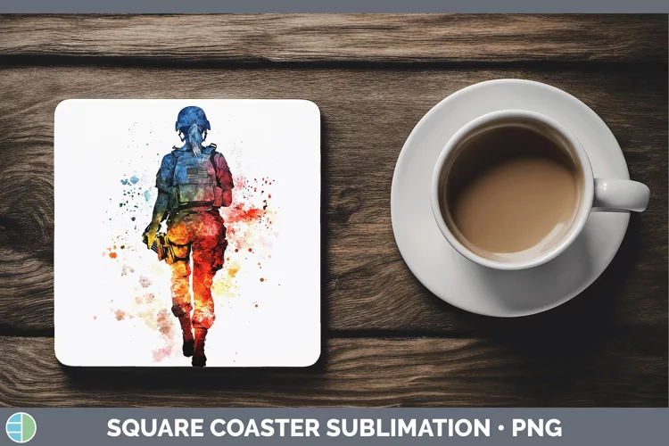 Watercolor Splash Female Soldier Square Coaster Sublimation