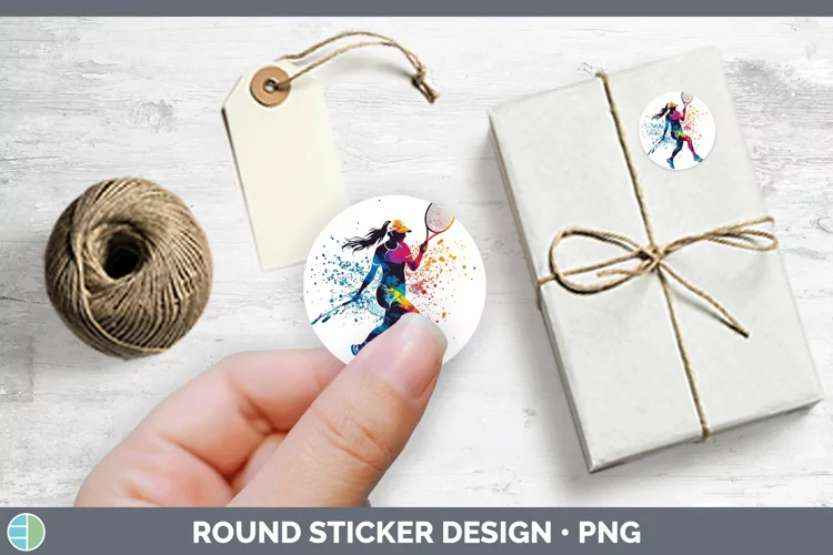 Watercolor Splash Female Tennis Stickers | Round Labels Desi