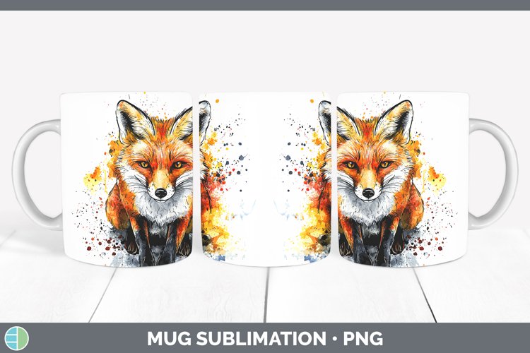 Watercolor Splash Fox Mug Wrap Sublimation Coffee Cup Design
