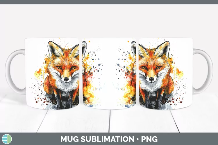 Watercolor Splash Fox Mug Wrap Sublimation Coffee Cup Design